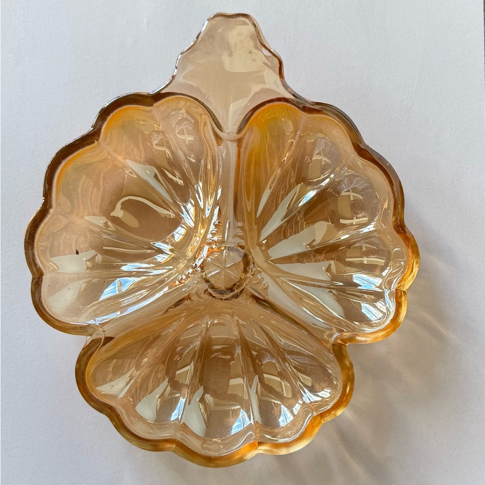 Vintage Jeanette Marigold Carnival Glass three leaf clover dish